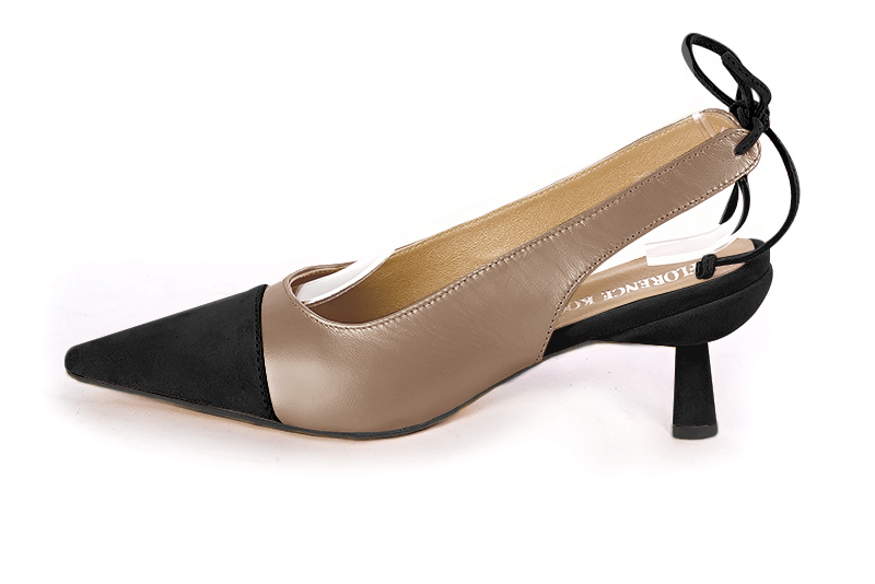 Matt black and tan beige women's slingback shoes. Pointed toe. Medium spool heels. Profile view - Florence KOOIJMAN